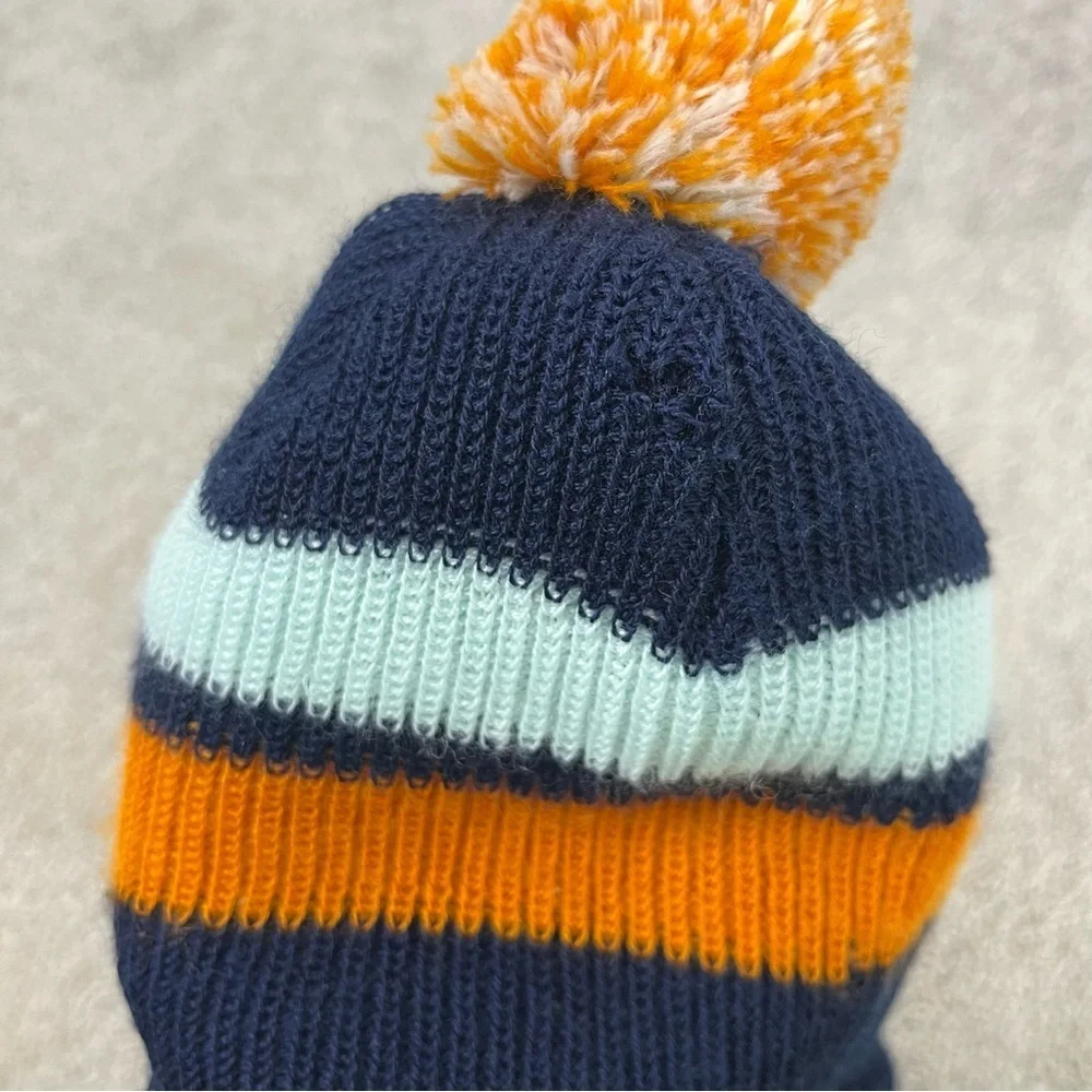 Smartwool Kids Stripe Pom Beanie Navy Blue Orange Size L/XL Fall Merino Wool